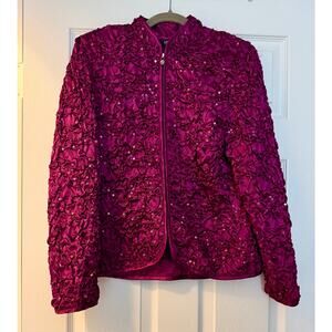 MSK Magenta Sequin Crinkle Texture Zip-Up Evening Jacket. Size Large Petite.